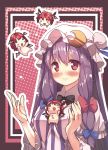  &gt;_&lt; 2girls :d ahoge bare_shoulders bat_wings blush chibi crescent hat head_wings koakuma long_hair multiple_girls multiple_persona nude o_o open_mouth outline patchouli_knowledge payot purple_hair red_hair redhead smile striped touhou usume_shirou vertical_stripes wings xd 