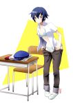  black_eyes blue_hair blush bra cabbie_hat desk hat hat_removed headwear_removed lingerie looking_at_viewer machinosuke open_clothes open_shirt panties pants persona persona_4 shirogane_naoto short_hair underwear undressing 