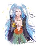  1boy blue_eyes blue_hair breasts brown_hair center_opening claws cleavage final_fantasy final_fantasy_x genderswap green_eyes heterochromia jewelry lips long_hair looking_away muscle onose1213 ring robe sash seymour_guado short_hair solo standing title_drop yuna 