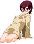  arm_support barefoot body_blush bottomless brown_eyes brown_hair glasses k-on! leaning_back looking_at_viewer manabe_nodoka naked_sweater red-framed_glasses ribbed_sweater shinama short_hair simple_background sitting solo sweater turtleneck wariza white_background 