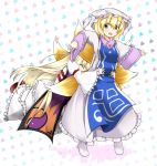  blonde_hair closed_eyes dress eyes_closed fox_tail glomp hat hat_with_ears heart hug hug_from_behind long_hair long_sleeves multiple_girls multiple_tails open_mouth outstretched_arms scarlet_0915 short_hair tabard tail touhou white_dress wide_sleeves yakumo_ran yakumo_yukari yellow_eyes yin_yang 