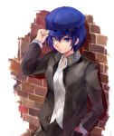  androgynous blue_eyes blue_hair breasts cabbie_hat crossdressinging female hand_in_pocket hand_on_hat hat jacket looking_at_viewer pants persona persona_4 reverse_trap school_uniform serious shirogane_naoto solo sowamame standing tomboy 