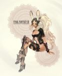 1girl animal_ears armor breasts bunny_ears choker cleavage closed_mouth copyright_name crossed_legs dark_skin doily female final_fantasy final_fantasy_xii fran full_body headgear high_heels legs_crossed long_hair onose1213 ponytail rabbit_ears shoes sitting solo title_drop white_hair