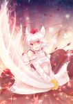  animal_ears bare_shoulders detached_sleeves flame hat inubashiri_momiji leaf mokoppe open_mouth red_eyes short_hair skirt smile solo sword tail tokin_hat touhou weapon white_hair wolf_ears wolf_tail 