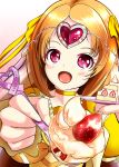  1girl :d bow cake choker circlet cure_muse_(yellow) food hair_bow heart long_hair magical_girl open_mouth orange_hair pink_eyes plate pov_feeding precure shirabe_ako shiratama0426 smile solo spoon strawberry_shortcake suite_precure 
