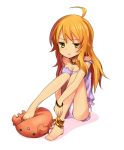  :t ahoge anklet barefoot blonde_hair bracelet breasts cleavage green_eyes hoshii_miki idolmaster jewelry long_hair necklace pout shorts sitting solo strap_slip stuffed_toy tougyuu_yukio 