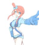  blue_eyes fuuro_(pokemon) gloves hair_ornament hirosuke midriff mound_of_venus navel open_mouth pokemon pokemon_(game) pokemon_bw red_hair redhead solo v white_background 