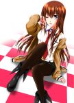  ;d belt blue_eyes blush brown_hair highres jacket legwear_under_shorts long_hair makise_kurisu necktie open_mouth otoki_raku pantyhose shorts sitting smile solo steins;gate wink 