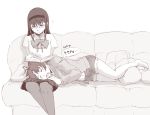  akemi_homura book bow couch cushion fang glasses hairband lap_pillow long_hair mahou_shoujo_madoka_magica multiple_girls navel pantyhose plus-kitsch sakura_kyouko saliva school_uniform shorts skirt sleeping 