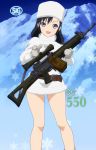  absurdres assault_rifle black_hair blue_eyes fur_coat fur_hat gun hat highres legs mittens mountain open_mouth pointing pointing_at_viewer product_placement rifle scope screencap sg550_(upotte!!) sig_550 sling smile snowflakes stitched upotte!! weapon 