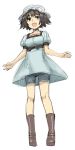  :d bike_shorts black_hair blue_eyes boots dress full_body hat highres looking_at_viewer looking_down open_mouth shiina_mayuri short_hair sketch smile solo steins;gate yu_65026 