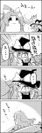  1girl 4koma apron bed bow comic from_behind hat hat_bow hat_ribbon highres kirisame_marisa long_hair mima monochrome no_hat no_headwear patchouli_knowledge ribbon smile tani_takeshi tears touhou touhou_(pc-98) translated translation_request waist_apron wand witch witch_hat yukkuri_shiteitte_ne 