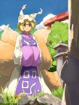  blonde_hair cat chen chen_(cat) earrings fox_tail hat jewelry multiple_tails purple_eyes shiba_murashouji short_hair solo tail torii touhou violet_eyes yakumo_ran 