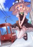  blonde_hair bow braid broom broom_riding flying goggles goggles_on_hat hair_bow hair_ribbon hat hat_bow kirisame_marisa open_mouth ribbon shirt sigure_(drizzle) skirt skirt_set smile solo streetcar thigh-highs thighhighs touhou vest white_legwear witch witch_hat zettai_ryouiki 