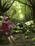  1boy baseball_cap black_hair celebi forest gold_(pokemon) hat meganium moiko nature pokedex pokemon pokemon_(creature) pokemon_(game) pokemon_hgss river scenery tree 