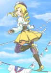  beret blonde_hair boots clothesline detached_sleeves drill_hair hair_ornament hat magical_girl mahou_shoujo_madoka_magica skirt smile solo taruya thigh-highs thighhighs tomoe_mami twin_drills yellow_eyes 