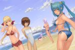  aircraft_carrier ass beach bikini bikini_skirt blonde_hair blue_eyes breasts brown_hair cleavage cloud cryska_barchenowa cui_yifei front-tie_top green_eyes green_hair highres ilfriede_von_feulner inia_sestina long_hair looking_back multiple_girls muvluv muvluv_alternative muvluv_total_eclipse naoki_yukira navel one-piece_swimsuit parted_lips purple_hair sand_castle sandcastle shiny shiny_skin short_hair side-tie_bikini sideboob sky smile swimsuit tarisa_manandal twintails 