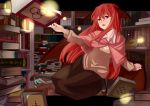  alternate_costume bat_wings bespectacled book bookshelf cape floating_book glasses head_wings highres hinanawi_tenshi koakuma library light_particles lights long_hair nechio open_mouth outstretched_hand red_eyes red_hair redhead room shirt skirt solo touhou voile wings 
