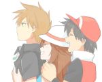  2boys alternate_costume baseball_cap black_hair blue_(pokemon) brown_hair grin hat hirosuke hug hug_from_behind jewelry multiple_boys necklace ookido_green pokemon pokemon_special red_(pokemon) smile spiked_hair spiky_hair white_background 