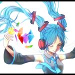  aqua_hair bad_id closed_eyes detached_sleeves eyes_closed floating_hair hatsune_miku headphones letterboxed long_hair necktie solo twintails vocaloid 