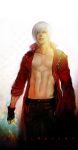  dante devil_may_cry fingerless_gloves gloves jacket male onose1213 open_clothes open_jacket realistic red_jacket short_hair silver_hair solo title_drop white_hair 