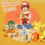  1boy bag belt black_hair bulbasaur charmander engrish game_boy hat headset jacket jeans nintendo_64 pikachu poke_ball pokemon pokemon_(creature) ranguage red_(pokemon) red_(pokemon)_(classic) shirt sitting socks squirtle 