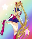  aqua_eyes barefoot bishoujo_senshi_sailor_moon blue_eyes boots double_bun feet high_heels long_hair looking_back rainbow_background sailor_collar sailor_moon shoes single_shoe skirt solo standing_on_one_leg star tiara tsukino_usagi twintails undressing very_long_hair yu-ka 