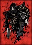  alucard_(hellsing) centipede dog eyes gloves hair_over_one_eye hellsing hitaki looking_at_viewer male red_background red_eyes solo teeth white_gloves 