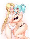  aqua_hair asymmetrical_docking bare_shoulders barefoot bikini black_bikini blonde_hair blue_eyes blush braid breast_press breasts cleavage drill_hair highres hug large_breasts long_hair marguerite_pistail marilyn multiple_girls navel onsoku_maru open_mouth red_eyes side-tie_bikini super_robot_wars super_robot_wars_z2 swimsuit twintails very_long_hair white_bikini wink 