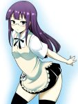  apron badge bespectacled black_legwear blue_eyes glasses leaning_forward long_hair outstretched_arms parted_lips purple_hair skirt solo thigh-highs thighhighs tsurime waitress wakame working!! yamada_aoi zettai_ryouiki 