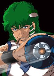  arm_cannon black_background blue_eyes cigar cobra cosplay dekasudachin frog_hair_ornament green_hair hair_ornament highres kochiya_sanae kochiya_sanae_(cosplay) male psychogun simple_background smile snake solo space_adventure_cobra touhou weapon 