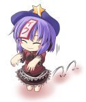  beret blue_hair blush_stickers chibi closed_eyes cosplay eyes_closed hat ichimi jiangshi jumping miyako_yoshika miyako_yoshika_(cosplay) nagae_iku ofuda outstretched_arms shirt short_hair skirt smile solo star touhou zombie_pose 