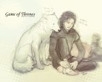  a_song_of_ice_and_fire bandage bandages barefoot black_hair facial_hair ghost_(a_song_of_ice_and_fire) jon_snow onose1213 stubble tears title_drop wolf 