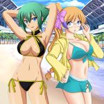  :o abs adjusting_glasses aquarion_(series) aquarion_evol armpits arms_behind_head bikini bikini_skirt blonde_hair blue_eyes blush breasts cleavage front-tie_top glasses green_hair halter_top halterneck hand_on_hip hoodie jacket large_breasts long_hair midriff miniskirt mix_(aquarion) multicolored_hair multiple_girls navel parted_lips ponytail seraphina shiny shiny_skin side-tie_bikini skirt swimsuit two-tone_hair underboob zessica_wong 