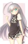  1girl aki_no_omoi apron checkered checkered_skirt crowbar dress green_eyes haiyore!_nyaruko-san highres long_hair nyarlathotep_(nyaruko-san) silver_hair skirt 