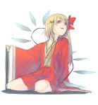  alternate_costume blonde_hair flandre_scarlet highres japanese_clothes long_hair red_eyes ribbon rough shiro_negi side_ponytail sitting smile solo touhou transparent_background wings 