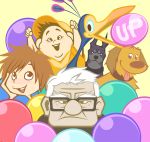  2girls 4boys :d :p age_difference alpha_(up) androgynous balloon bird black_eyes black_hair brown_eyes brown_hair carl_fredricksen disney dog dug_(up) ellie_fredricksen feathers glasses kevin_(up) looking_at_viewer missing_tooth multiple_boys multiple_girls open_mouth pixar reverse_trap ro_riran russell russell_(up) smile title_drop tomboy tongue tongue_out up white_hair young 