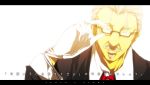  adjusting_glasses closed_eyes copyright_request eyes_closed facial_hair formal glasses gloves goatee highres letterboxed male mustache profile siirakannu silver_hair solo suit translation_request 