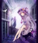  barefoot bird black_cat bookshelf cat chagu crescent dress hat long_hair low-tied_long_hair patchouli_knowledge pillarboxed purple_eyes purple_hair sitting solo stairs statue touhou violet_eyes 