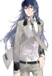  absurdres adult belt blue_eyes blue_hair cotta flat_chest formal hand_on_belt highres jacket long_hair looking_at_viewer necktie older pants persona persona_4 persona_x_detective serious shirogane_naoto solo standing suit 
