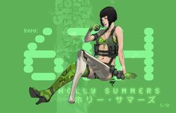  bikini_top black_hair bob_cut camouflage david_semsei explosive grenade high_heels holly_summers mismatched_footwear navel_piercing no_more_heroes piercing prosthesis shoes short_hair single_thighhigh thigh-highs thighhighs vest 