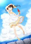  brown_hair dress female flying girl green_eyes natsu_(natume0504) ocean original slippers solo 