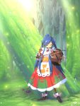  android apron blue_hair bow closed_eyes commentary copyright_request dress eyes_closed flower forest frog highres instrument john_su long_hair mushroom music_box musical_note nature smile solo tree very_long_hair viola_(instrument) 