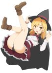  blonde_hair cape ginjyasei hat legs_up long_hair mizukoshi_saki natsuiro_kiseki panties pantyshot short_hair smile solo underwear upskirt witch_hat yellow_eyes 