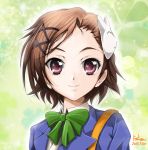  accel_world blazer bowtie brown_eyes brown_hair cat_hair_ornament face hair_ornament hairclip highres kem_kem kurashima_chiyuri portrait school_uniform short_hair smile solo 