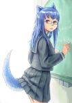 animal_ears blue_eyes blue_hair chalk chalkboard copyright_request glasses highres long_hair open_mouth pleated_skirt school_uniform serafuku skirt solo tail taruya upotte!! wolf_ears wolf_tail 