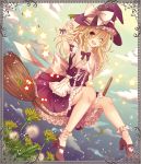  bad_id blonde_hair blush bobby_socks border bow braid broom broom_riding brown_eyes cloud clouds dandelion flower gloves hair_bow hat high_heels holding kirisame_marisa long_hair nozomi_fuuten open_mouth petals shoes single_braid sitting sky socks solo star touhou wink witch witch_hat wrist_cuffs 