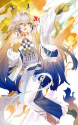  1girl absurdres arknights bead_necklace beads blonde_hair blue_hair collarbone commentary_request dragon_girl dragon_horns dragon_tail earrings eastern_dragon_horns eastern_dragon_tail floating_hair green_eyes hair_intakes hair_ornament hairpin highres holding holding_sword holding_weapon horns jacket jewelry long_hair looking_at_viewer necklace open_mouth pants pointy_ears shirt shu_(arknights) smile solo strapless strapless_shirt sword tail tassel tassel_earrings very_long_hair very_long_tail weapon white_hair white_jacket white_pants white_shirt xioy397315 