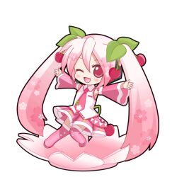  1girl :d ;d bare_shoulders black_outline blush boots cherry cherry_hair_ornament chibi chibi_only detached_sleeves floral_print flower food food-themed_hair_ornament fruit full_body game_asset hair_between_eyes hair_ornament hatsune_miku hatsune_miku_graphy_collection headset long_hair looking_at_viewer necktie on_flower one_eye_closed open_mouth outline outstretched_arms pink_boots pink_eyes pink_hair pink_necktie pink_shirt pink_sleeves sakura_miku shirt shoulder_tattoo sleeveless sleeveless_shirt smile solo tattoo thigh_boots tie_clip transparent_background twintails very_long_hair vocaloid white_shirt 