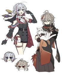  1boy 1girl ahoge animal animal_ears animal_nose antenna_hair armor asymmetrical_sleeves bandaged_hand bandages belt black_belt black_bodystocking black_choker black_gloves black_kimono black_pants black_scarf black_sleeves bracelet breasts cat cat_ears cat_tail choker closed_mouth collared_shirt colored_inner_hair company_connection cowboy_shot creature crossed_bangs crossover detached_sleeves furuyo genshin_impact gloves grey_hair hair_between_eyes hair_ornament half-closed_eyes hand_up head_only highres holding holding_animal honkai:_star_rail honkai_(series) huge_ahoge japanese_armor japanese_clothes jewelry kaedehara_kazuha kimono kote kurokote lapels leaf long_hair long_sleeves looking_at_animal looking_down low_ponytail maple_leaf medium_breasts mihoyo multicolored_hair numby_(honkai:_star_rail) open_mouth pants ponytail red_eyes red_hair red_ribbon ribbon scarf seigaiha shirt shoulder_armor sidelocks smile standing streaked_hair tail thigh_strap topaz_(honkai:_star_rail) trotter_(honkai:_star_rail) white_cat white_fur white_shirt wide_sleeves 